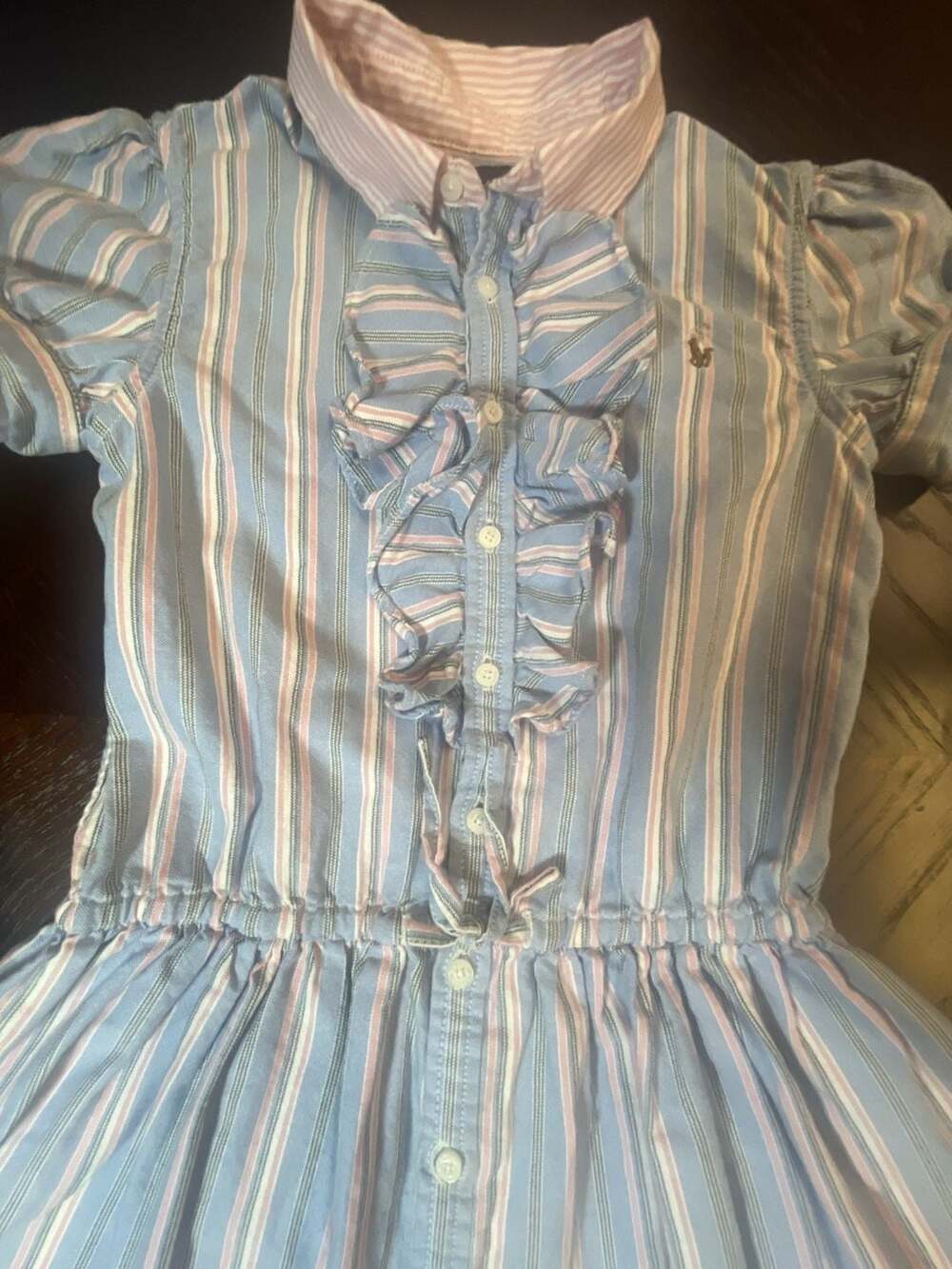 Ralph Lauren Girls Blue and Pink Striped Ruffled Cotton Shirtdress, Size 6 - Picture 6 of 11